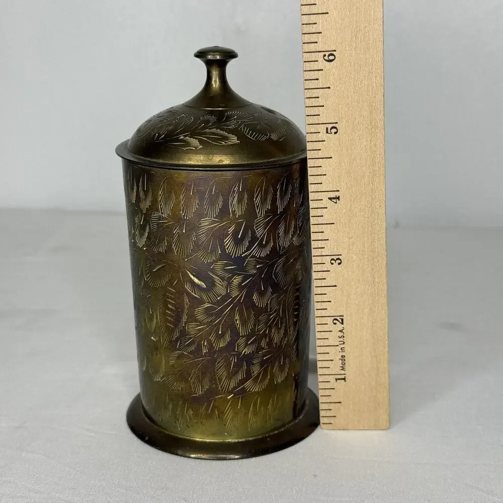 Vintage World Gift Brass Lidded Decorative Tin Canister Etched Floral India